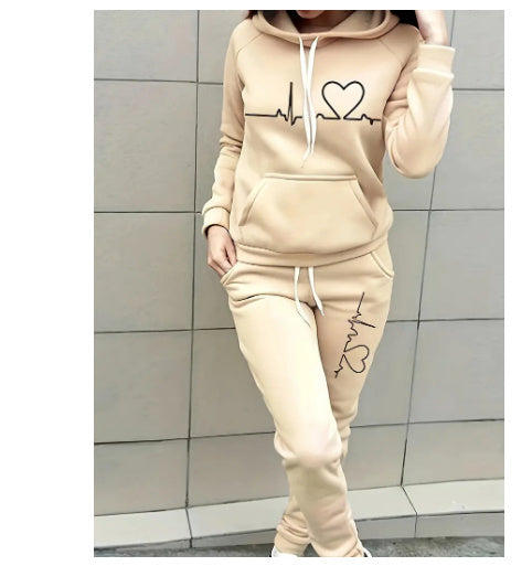 Women’s Two-Piece Hoodie and Jogger Set with Heartbeat Print