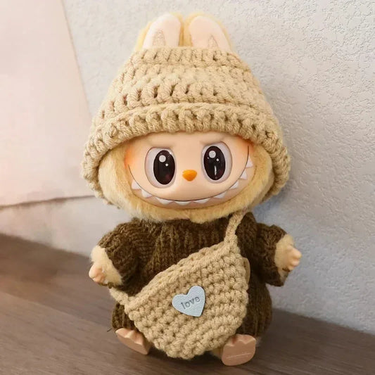 Labubu Compatible Knitted Doll Mini Sweater Suit and Rabbit Ears Hat Outfit