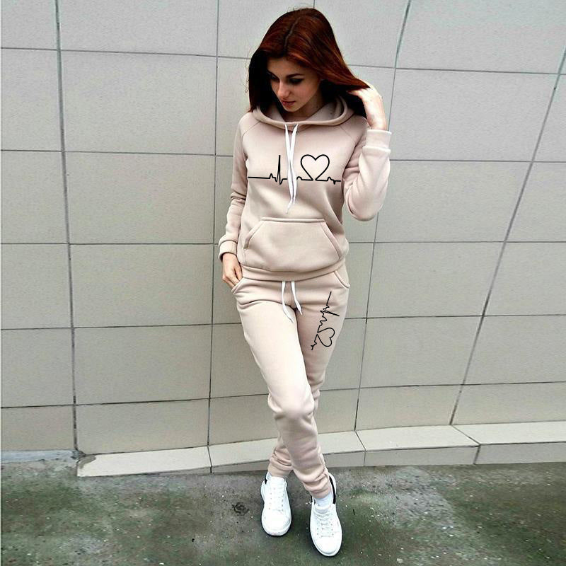 Women’s Two-Piece Hoodie and Jogger Set with Heartbeat Print