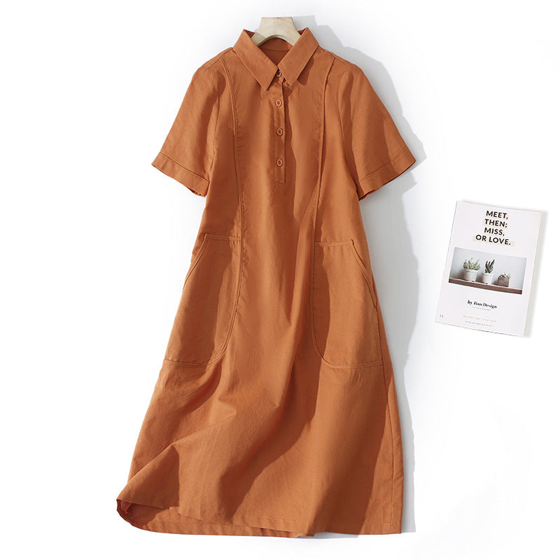 Women's Summer Artistic Solid Color Cotton Linen Lapel Short Sleeve Dress