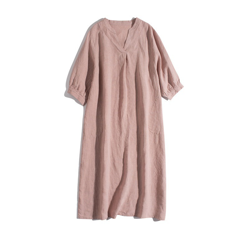 Loose Solid Cotton Linen V-neck Short-sleeved Dress For Women