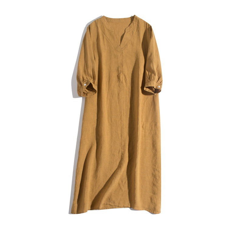Loose Solid Cotton Linen V-neck Short-sleeved Dress For Women