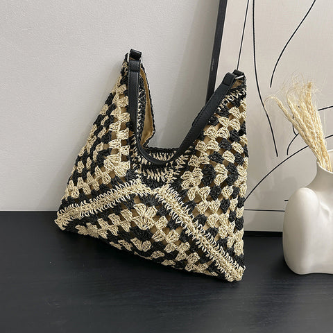Handmade Straw Contrast Color Shoulder Bag