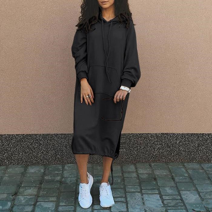 Women’s Long Hoodie Dress with Pocket and Drawstring Hem