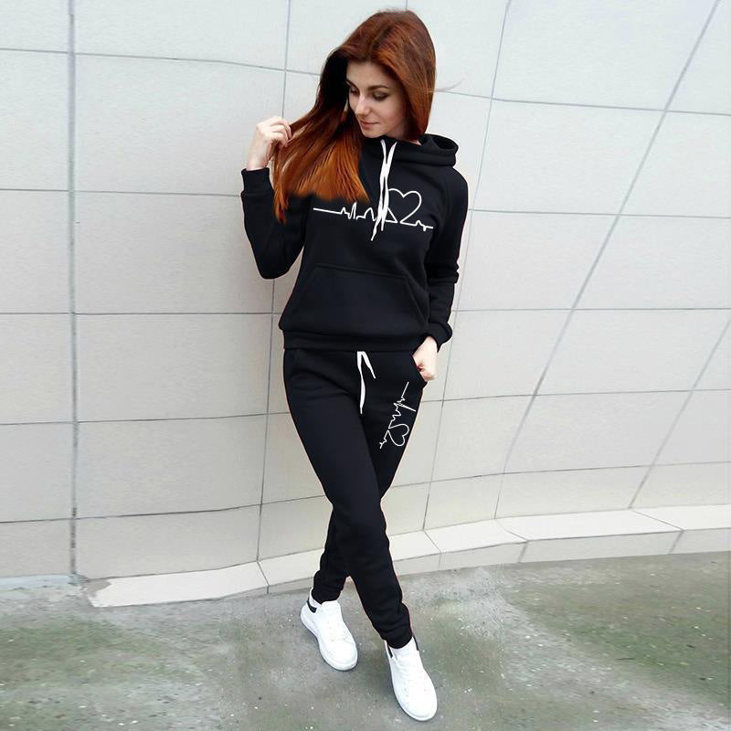 Women’s Two-Piece Hoodie and Jogger Set with Heartbeat Print