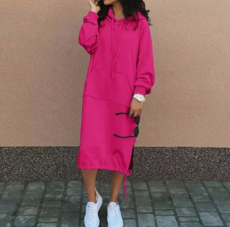 Women’s Long Hoodie Dress with Pocket and Drawstring Hem