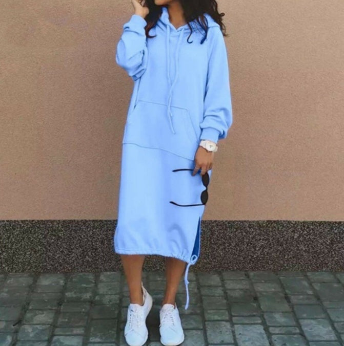 Women’s Long Hoodie Dress with Pocket and Drawstring Hem