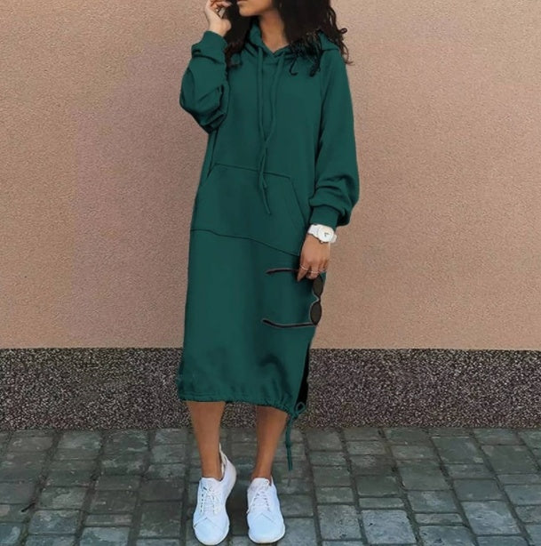 Women’s Long Hoodie Dress with Pocket and Drawstring Hem