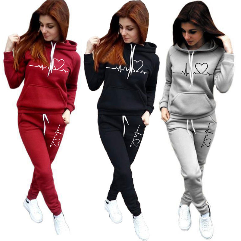 Women’s Two-Piece Hoodie and Jogger Set with Heartbeat Print
