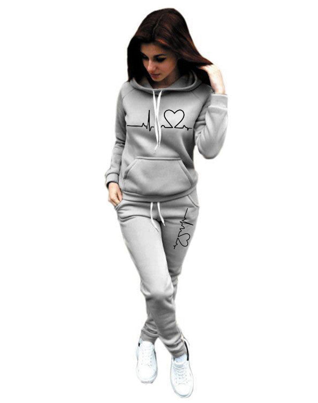 Women’s Two-Piece Hoodie and Jogger Set with Heartbeat Print