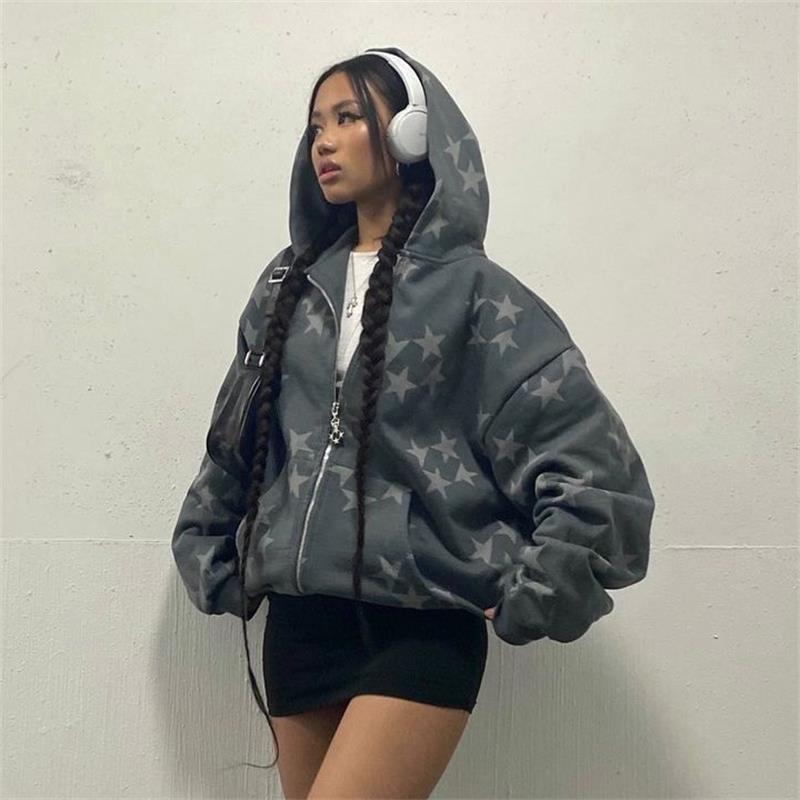 Women’s Oversized Zip Up Hoodie with Star Print