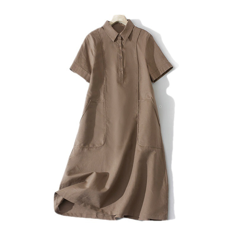 Women's Summer Artistic Solid Color Cotton Linen Lapel Short Sleeve Dress