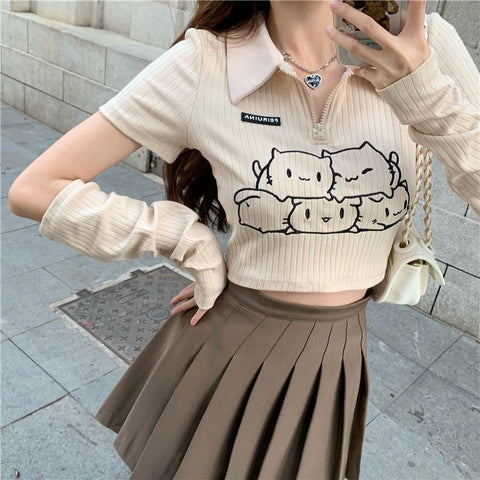 Cream Color Print Polo Short